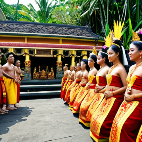 Home 11 **Prompt:** A vibrant Galungan festival scene in Bali, Indonesia. Balinese people in traditional attire (brightly colored fabrics with intricate designs) performing a traditional dance with Gamelan music in the background. Gods descending to Earth, creating a mystical atmosphere. Focus on the cultural richness and devotion.