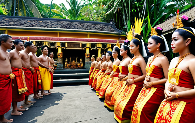 **Prompt:** A vibrant Galungan festival scene in Bali, Indonesia. Balinese people in traditional attire (brightly colored fabrics with intricate designs) performing a traditional dance with Gamelan music in the background. Gods descending to Earth, creating a mystical atmosphere. Focus on the cultural richness and devotion.