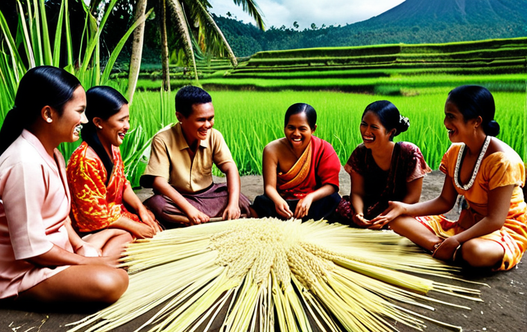 **Image Prompt 1: "The Linguistic Tapestry of Indonesia"**
A vibrant, diverse group of people from different Indonesian islands (e.g., Java, Bali, Sumatra, Sulawesi) in their traditional attires, engaging in joyful cultural exchange. They are seen sharing stories, music, or traditional crafts, with subtle visual cues representing their unique regional languages (like distinct patterns or symbols). The scene is set against a backdrop that hints at Indonesia's natural beauty (rice paddies, volcanoes, beaches), emphasizing the rich coexistence of languages and cultures. The atmosphere is warm, interconnected, and celebratory.