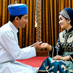 An Indonesian Muslim couple participating in a solemn 'Ijab Kabul' wedding ceremony. The bride is elegantly dressed in a modest, intricately embroidered Kebaya with a traditional Batik skirt, and the groom wears a dignified Beskap suit and a Blangkon headpiece. They are seated in a respectfully decorated indoor setting, possibly a mosque interior or a traditional home, with family members observing the sacred proceedings. The scene conveys a deep sense of tradition and spiritual significance, showcasing rich cultural details. fully clothed, modest clothing, appropriate attire, professional dress, safe for work, appropriate content, family-friendly, perfect anatomy, correct proportions, natural pose, well-formed hands, proper finger count, natural body proportions, professional photography, high quality.