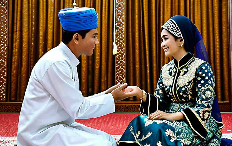 An Indonesian Muslim couple participating in a solemn 'Ijab Kabul' wedding ceremony. The bride is elegantly dressed in a modest, intricately embroidered Kebaya with a traditional Batik skirt, and the groom wears a dignified Beskap suit and a Blangkon headpiece. They are seated in a respectfully decorated indoor setting, possibly a mosque interior or a traditional home, with family members observing the sacred proceedings. The scene conveys a deep sense of tradition and spiritual significance, showcasing rich cultural details. fully clothed, modest clothing, appropriate attire, professional dress, safe for work, appropriate content, family-friendly, perfect anatomy, correct proportions, natural pose, well-formed hands, proper finger count, natural body proportions, professional photography, high quality.