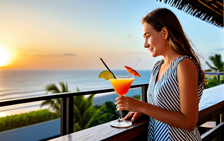 Rooftop Bar at Sunset**
"A fully clothed young woman in a modest sundress enjoys a cocktail at a Seminyak rooftop bar overlooking the ocean at sunset, appropriate attire, safe for work, perfect anatomy, natural proportions, professional photography, high quality, family-friendly. Soft lighting, relaxing atmosphere, distant palm trees."
**
