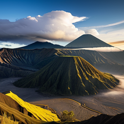 Home 9 Bromo Sunrise**
"Majestic sunrise over Mount Bromo, Java, Indonesia. Golden light illuminating the volcanic landscape and surrounding clouds, creating an ethereal scene. View from Penanjakan viewpoint. Safe for work, appropriate content, fully clothed observers in the distance, perfect anatomy, natural proportions, professional landscape photography, high quality, family-friendly."
**