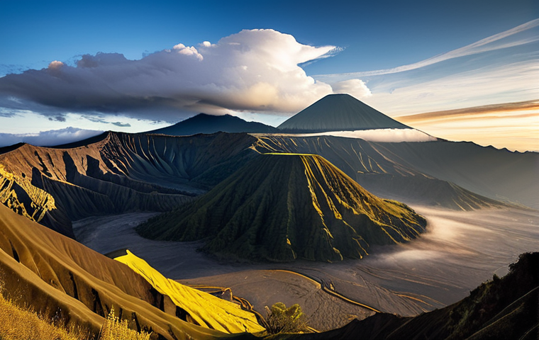 Bromo Sunrise**

"Majestic sunrise over Mount Bromo, Java, Indonesia. Golden light illuminating the volcanic landscape and surrounding clouds, creating an ethereal scene.  View from Penanjakan viewpoint.  Safe for work, appropriate content, fully clothed observers in the distance, perfect anatomy, natural proportions, professional landscape photography, high quality, family-friendly."

**