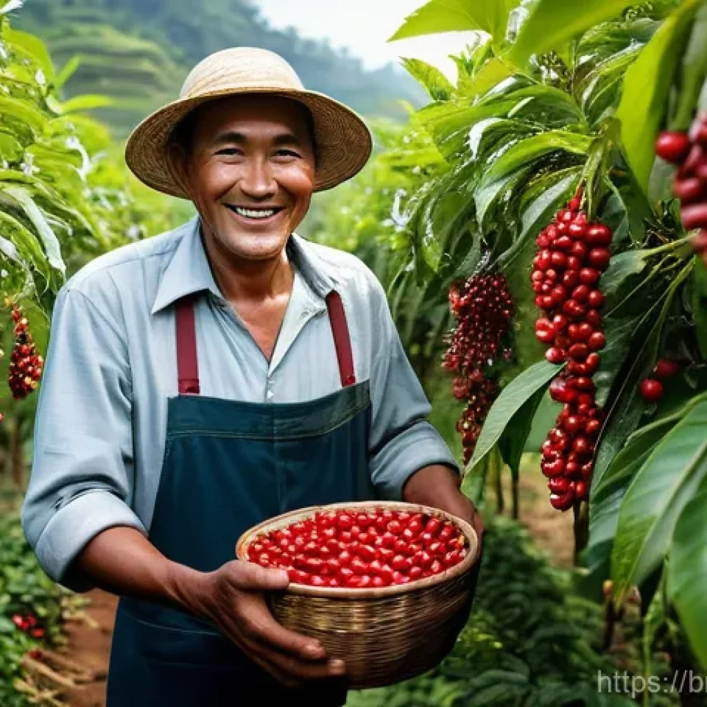 인도네시아 커피 농장 방문 - **Lush Indonesian Coffee Plantation with Smiling Farmers:** A wide shot of a verdant Indonesian coff...