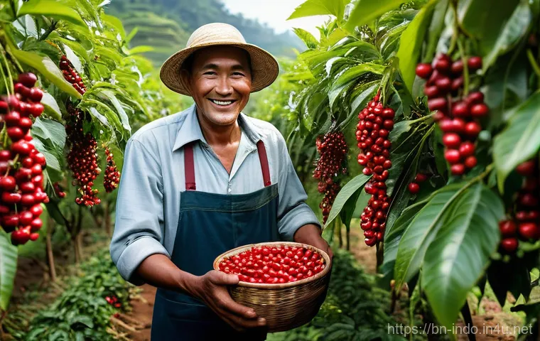 인도네시아 커피 농장 방문 - **Lush Indonesian Coffee Plantation with Smiling Farmers:** A wide shot of a verdant Indonesian coff...