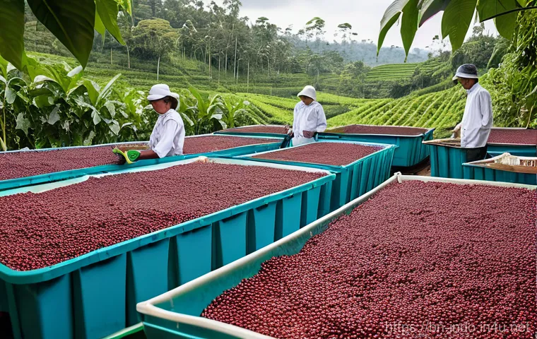 인도네시아 커피 농장 방문 - **Lush Indonesian Coffee Plantation with Smiling Farmers:** A wide shot of a verdant Indonesian coff...