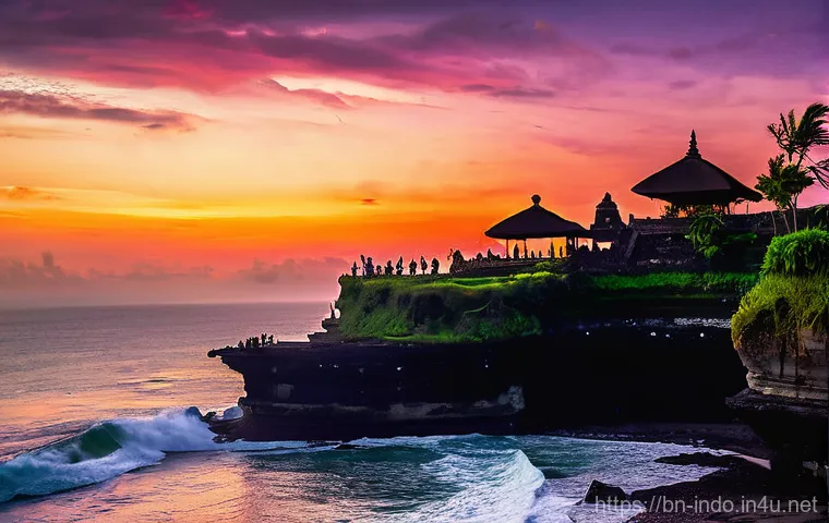 발리의 힌두 사원 관광 - **Tanah Lot Sunset & Uluwatu Kecak Dance:** A breathtaking wide shot captures Tanah Lot Temple durin...