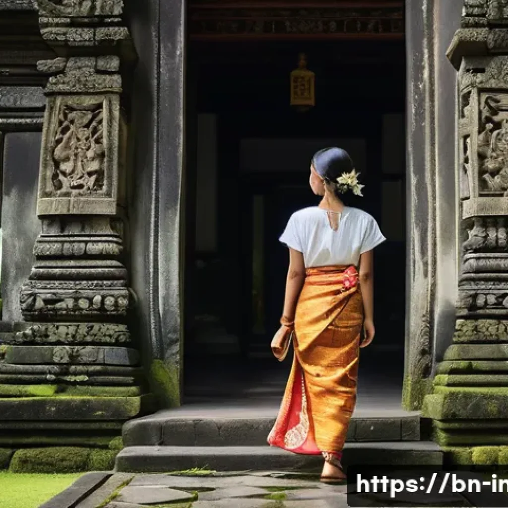 인도네시아의 여행 안전 팁 - **Prompt:** A female tourist respectfully entering a traditional Balinese temple. She is wearing a v...