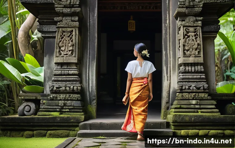 인도네시아의 여행 안전 팁 - **Prompt:** A female tourist respectfully entering a traditional Balinese temple. She is wearing a v...