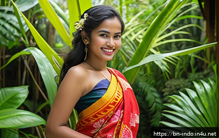인도네시아 전통 의상 - A vibrant scene showcasing a young Bengali woman wearing traditional Indonesian Sarong from Sumatra,...