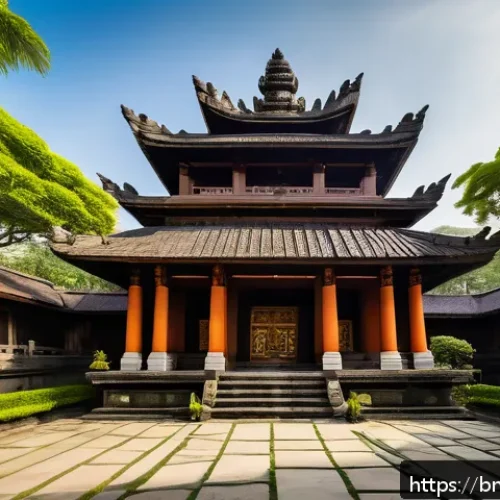 발리 힌두 사원의 건축 양식 - A majestic Balinese temple entrance showcasing a harmonious blend of ancient stone carvings and mode...