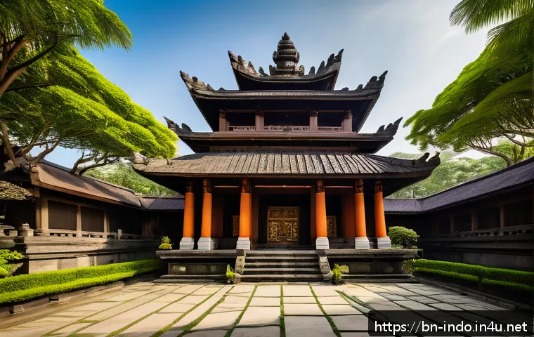 발리 힌두 사원의 건축 양식 - A majestic Balinese temple entrance showcasing a harmonious blend of ancient stone carvings and mode...