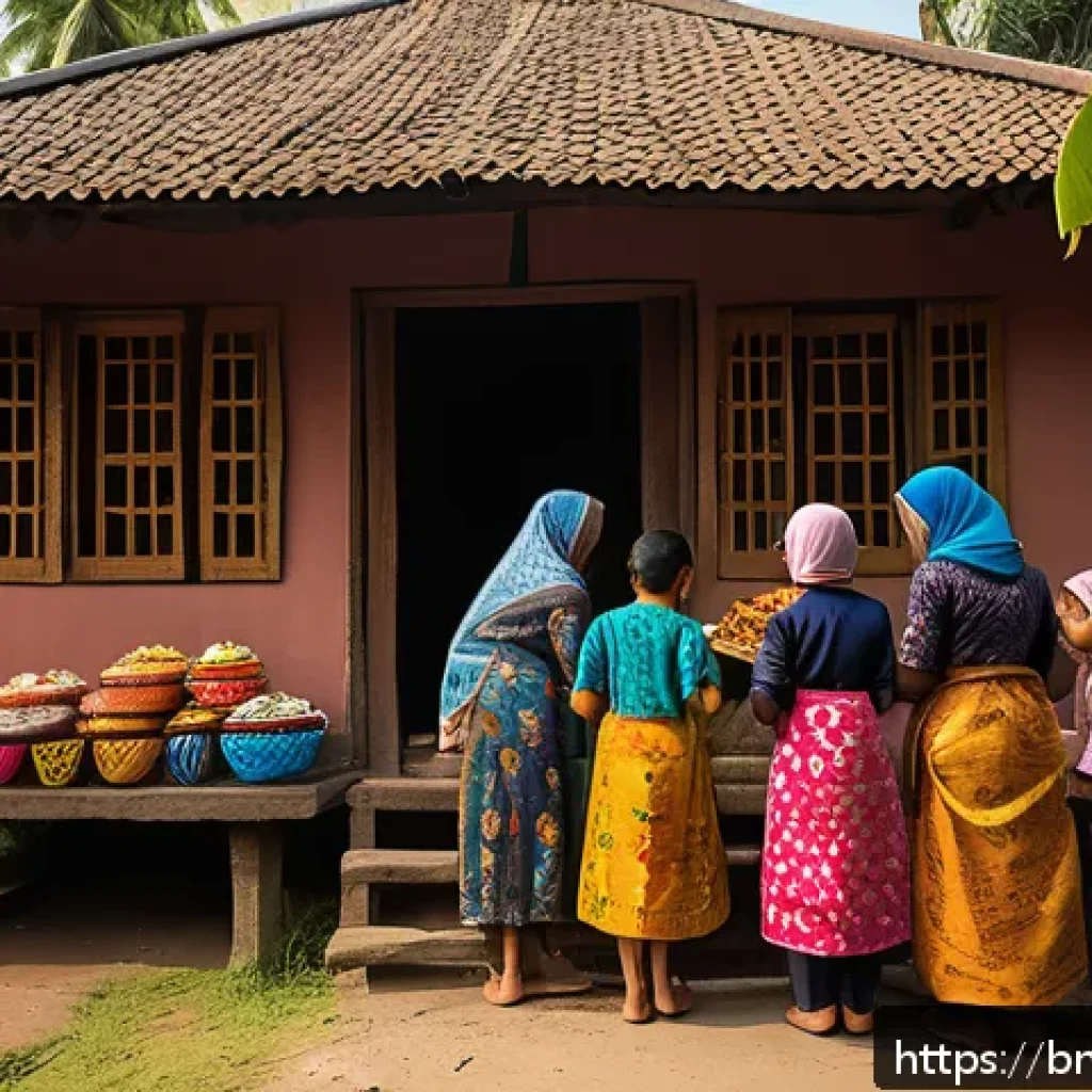 인도네시아의 전통 명절 - A vibrant Indonesian Eid al-Fitr celebration scene in a traditional village setting, featuring famil...