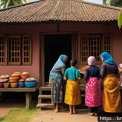 인도네시아의 전통 명절 - A vibrant Indonesian Eid al-Fitr celebration scene in a traditional village setting, featuring famil...