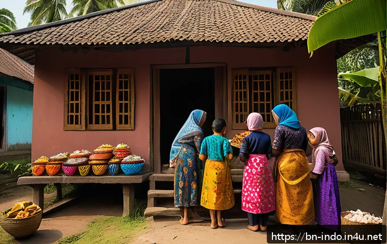 인도네시아의 전통 명절 - A vibrant Indonesian Eid al-Fitr celebration scene in a traditional village setting, featuring famil...