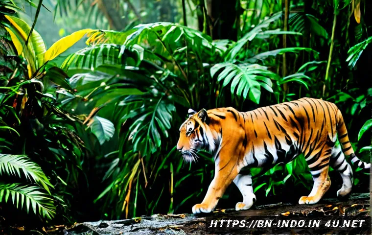 Home 17 인도네시아 수마트라 호랑이 - Photorealistic Sumatran tiger walking slowly through dense Indonesian rainforest, full body in clear...
