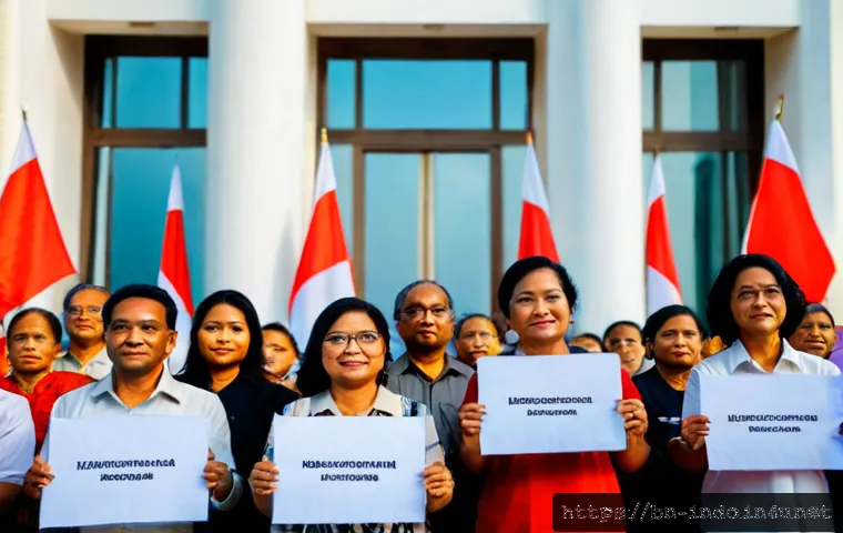 인도네시아 정치 이슈 - Photorealistic editorial scene of Indonesia’s political climate, a diverse group of adult Indonesian...