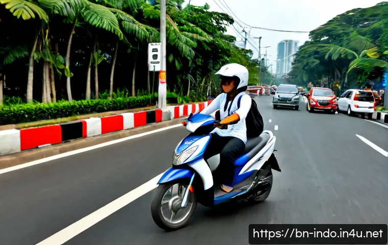 인도네시아 교통법 주의사항 - Photorealistic Jakarta street scene at morning rush hour, an Indonesian motorcyclist wearing a secur...